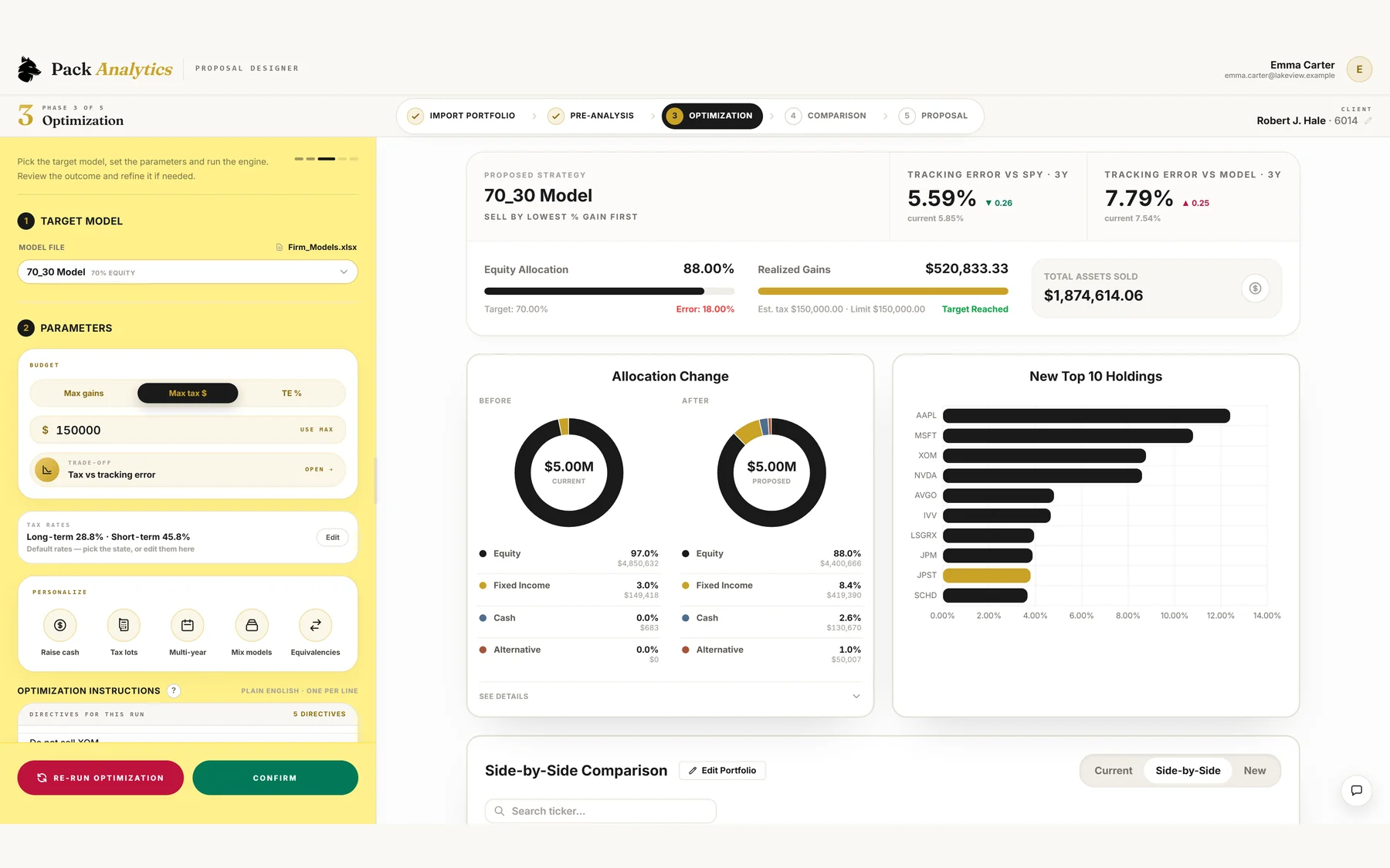 Optimization step: target model, budget and instructions on the left, the result on the right.